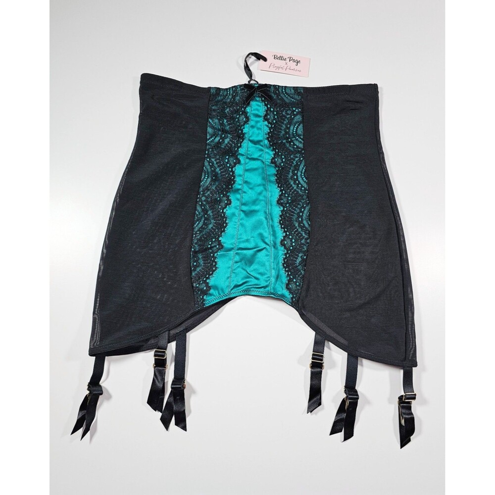Bettie Page Melda Teal Black Satin & Mesh Girdle Garter Belt Size US 10 UK 14